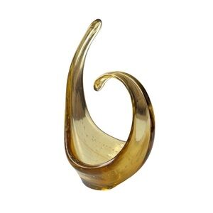 Vintage Amber Art Glass Sculpture – Hand Blown Curved Wave Figurine